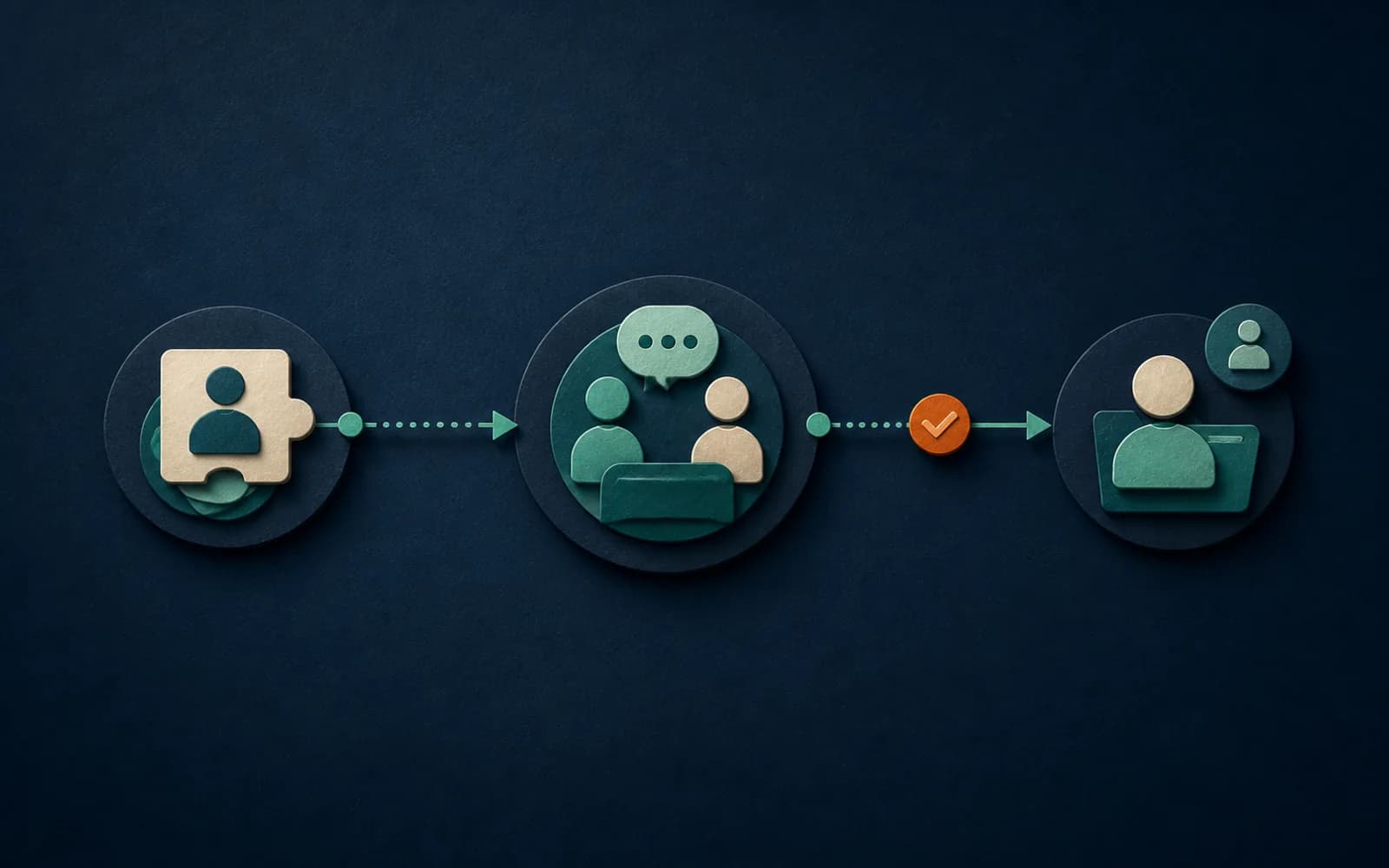 Editorial illustration of a candidate interview handoff between people and systems