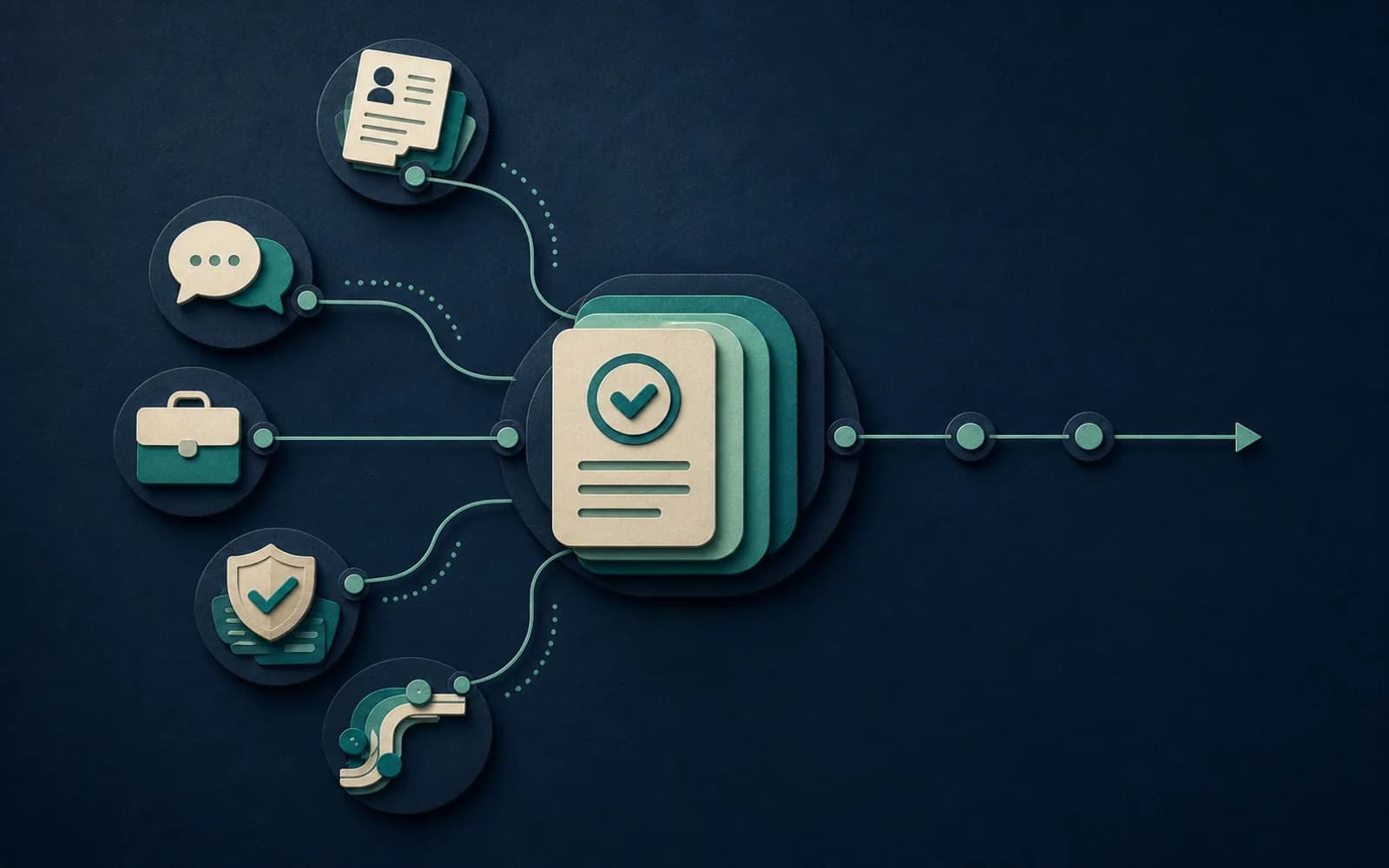 Editorial illustration of staffing signals entering a connected evidence flow