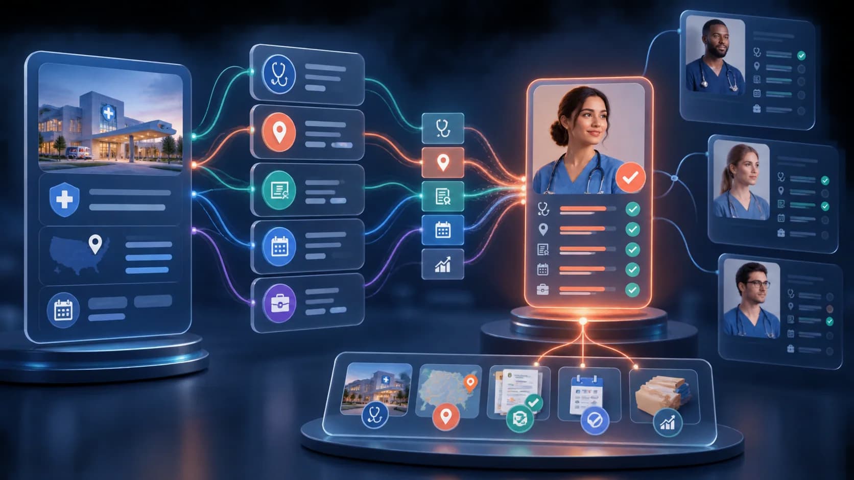 Conceptual visualization of job requirements converging on a recommended healthcare candidate