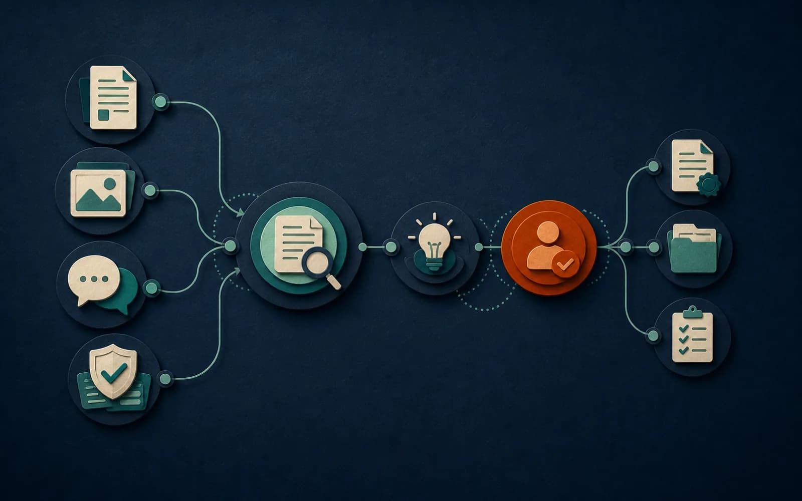 Editorial illustration of connected evidence reaching a visible human approval point