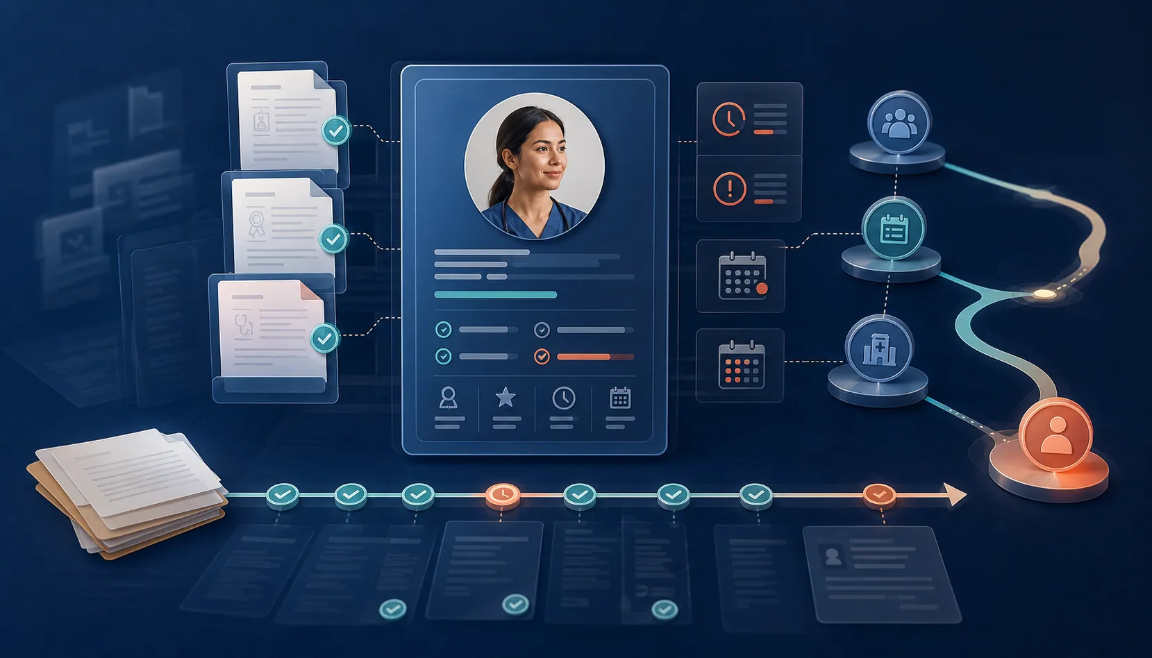 Conceptual visualization of a healthcare candidate surrounded by verified credentials, expiry signals, and facility requirements