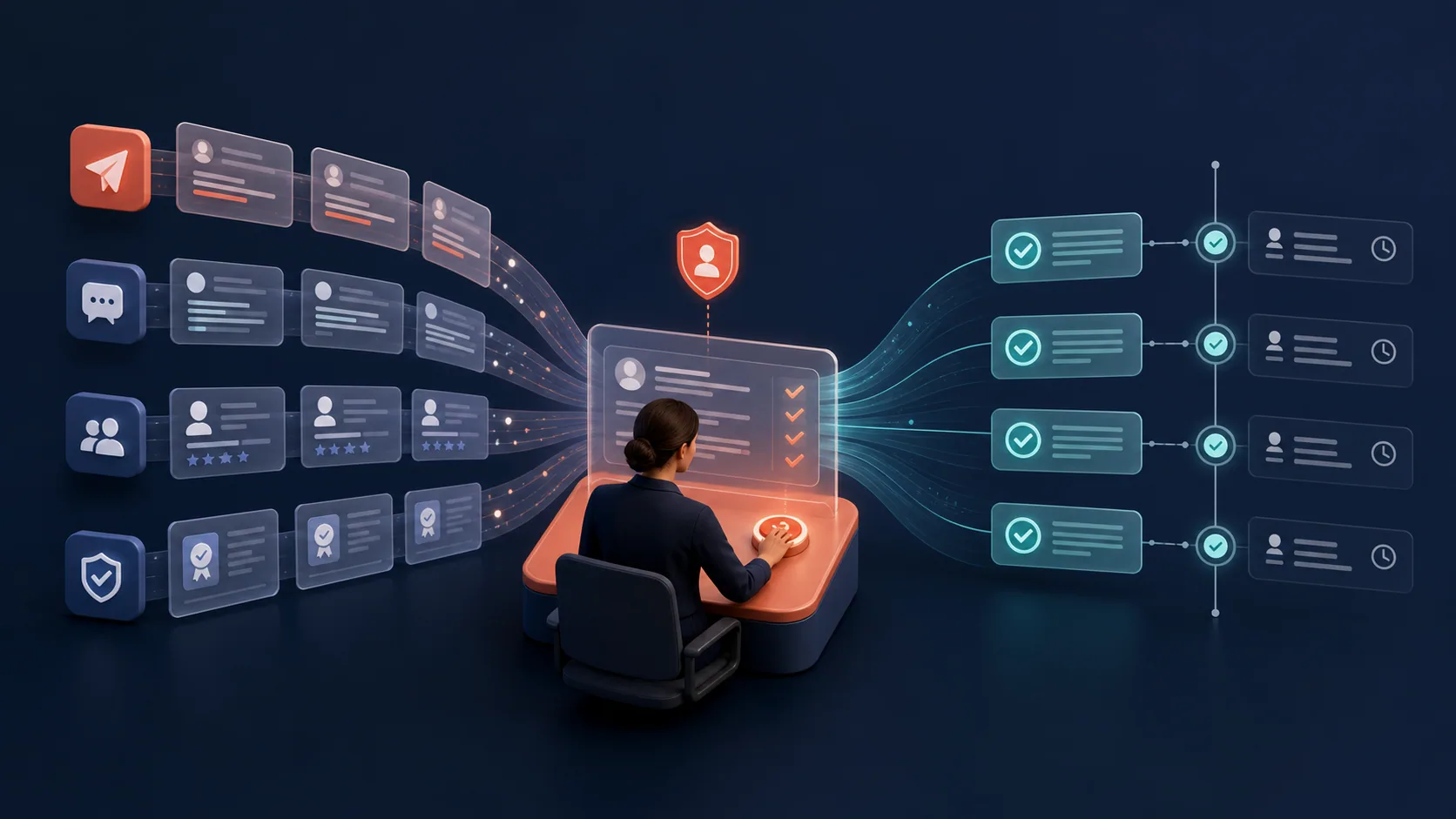 Conceptual AI workflow with evidence inputs, a review gate, and approved staffing actions